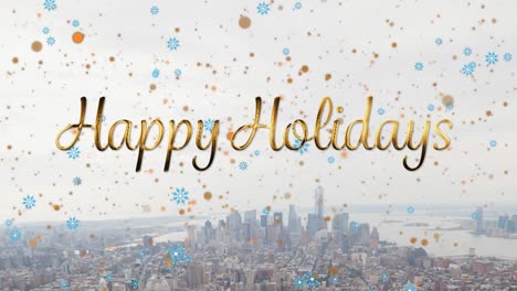 animation of happy holidays text with snow falling over winter scenery