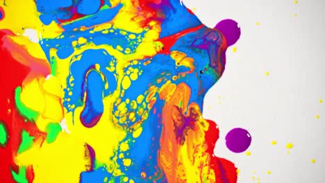 top view  of various colors of oil paints are dripping onto the white paper and spinning in circles, the colors melt together.