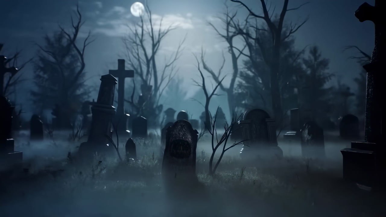 Moonlit Foggy Cemetery With Tombstones And Bare Twisted Trees, Mist Drifting Across Overgrown Grass, Cracked