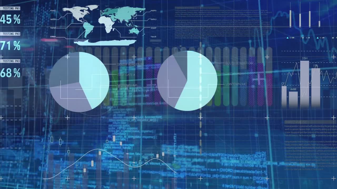 Animation of data processing over graph on blue background