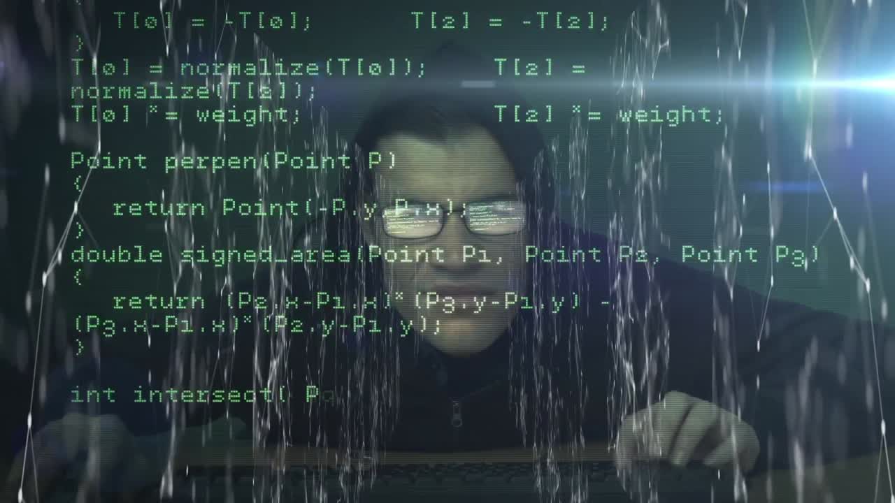 Animation of computer data rolling with white webs connection over male hacker