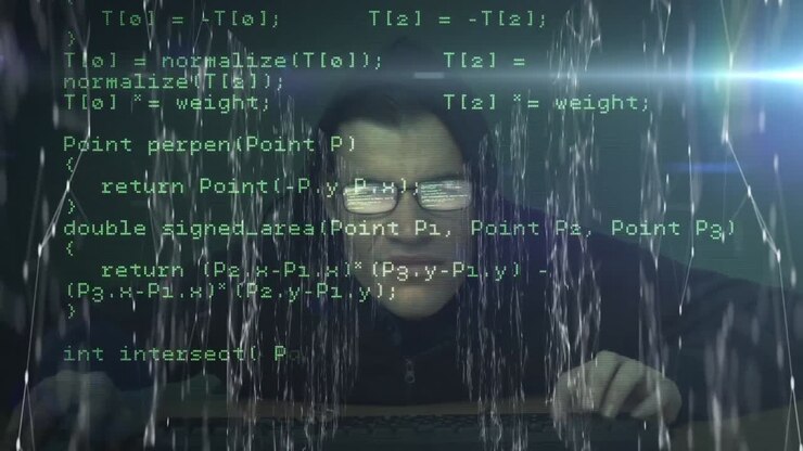Animation von Computerdaten, die sich mit weißer Netzverbindung über einem männlichen Hacker bewegen.