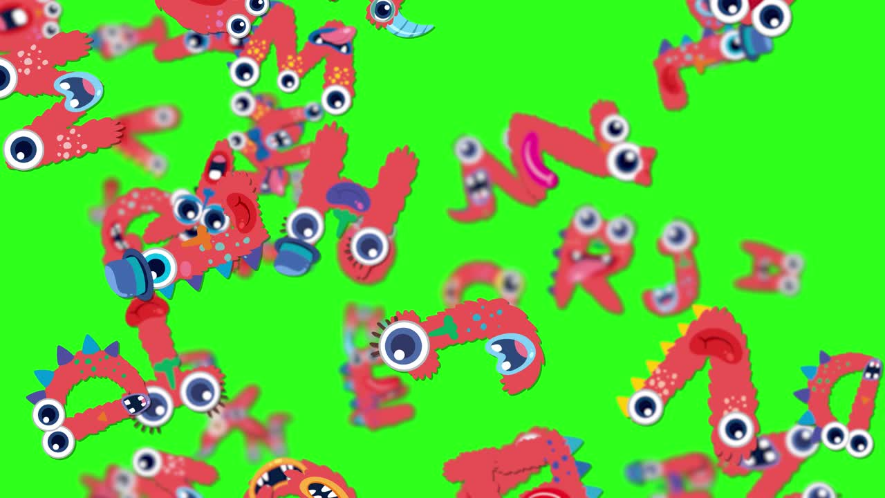 Colorful animated letters with monster faces tumble playfully against a bright green backdrop, creating a lively and whimsical atmosphere