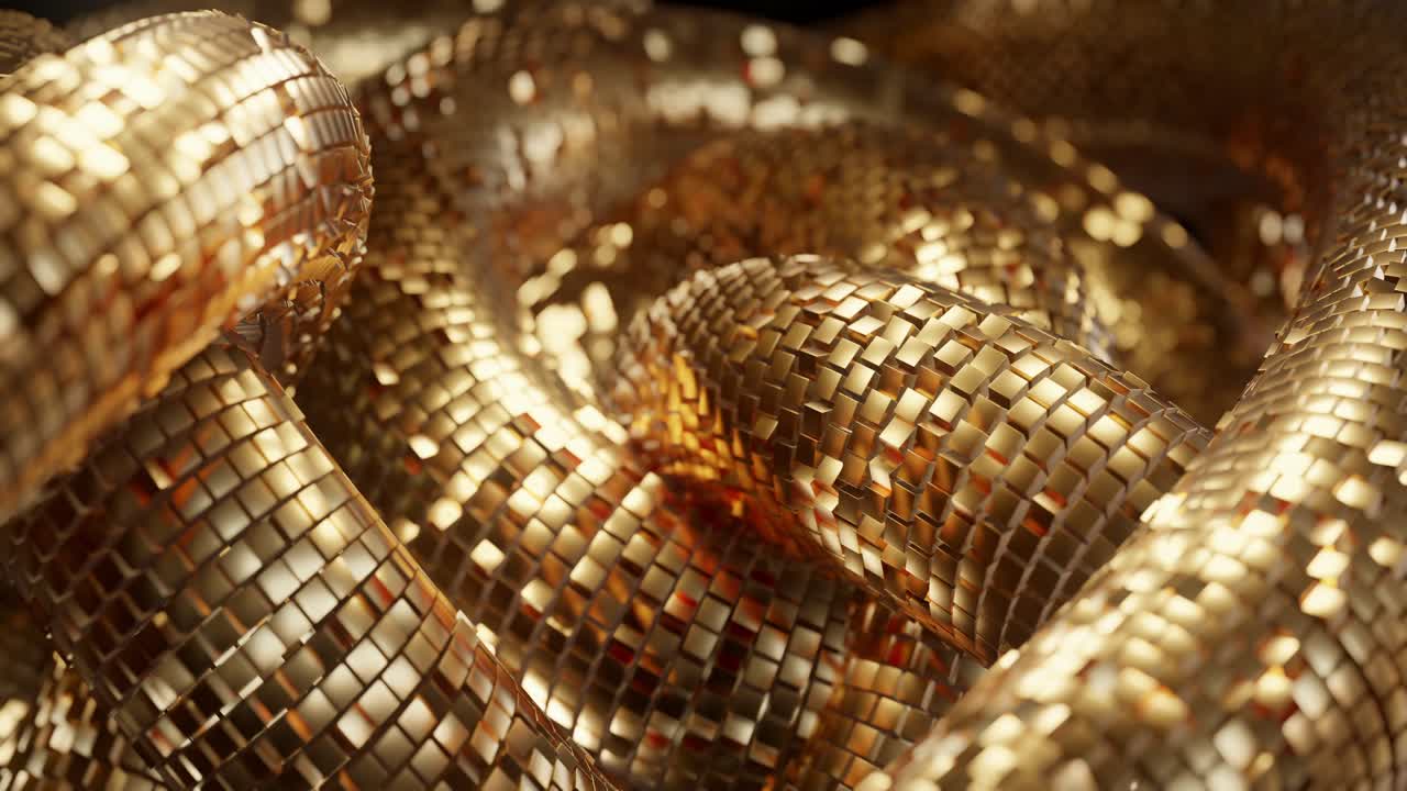 Abstrakter Würfel, geometrische Drehung, Goldglitzer, luxuriöser Hintergrund