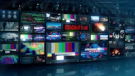 defocused tv broadcast news studio video control room screens - loop 4k