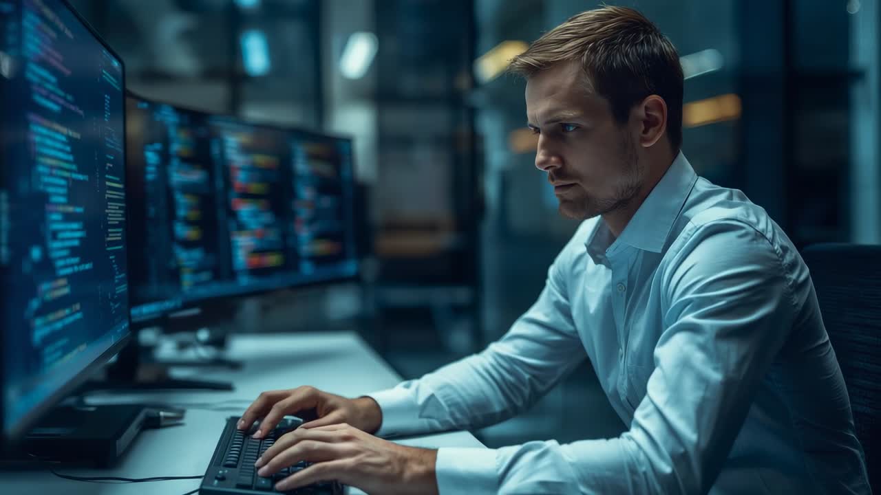 Typing engineer using keyboard, mouse, glancing at three monitors in server racks area, copy space