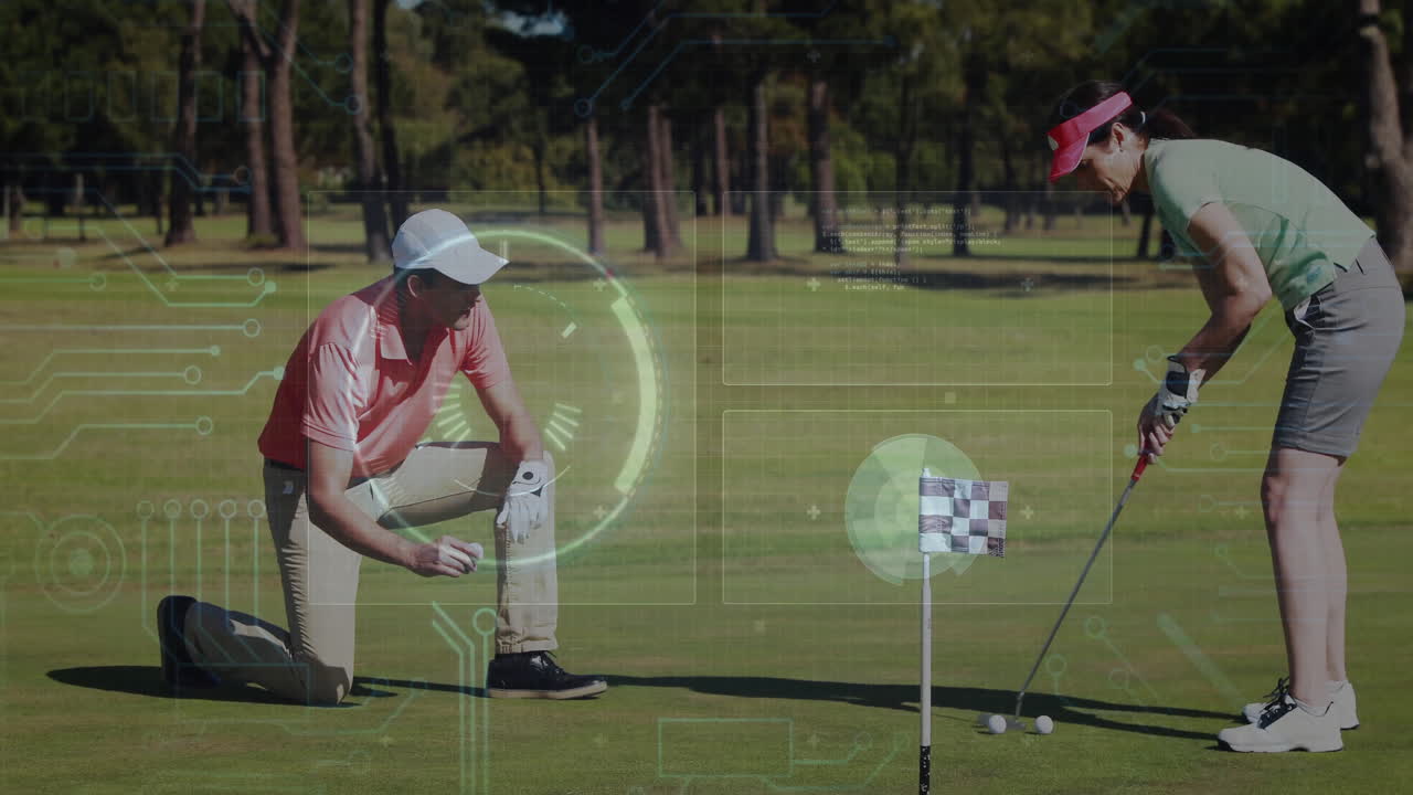On golf course, golfer putting with animation of digital data overlay and trees