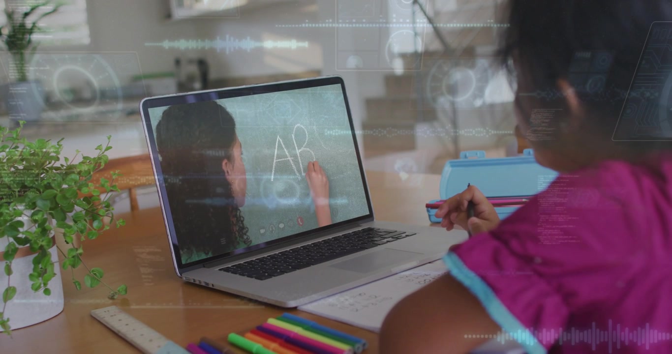Teacher writing AB on laptop, child copying letters while tracing in book and overlays appearing