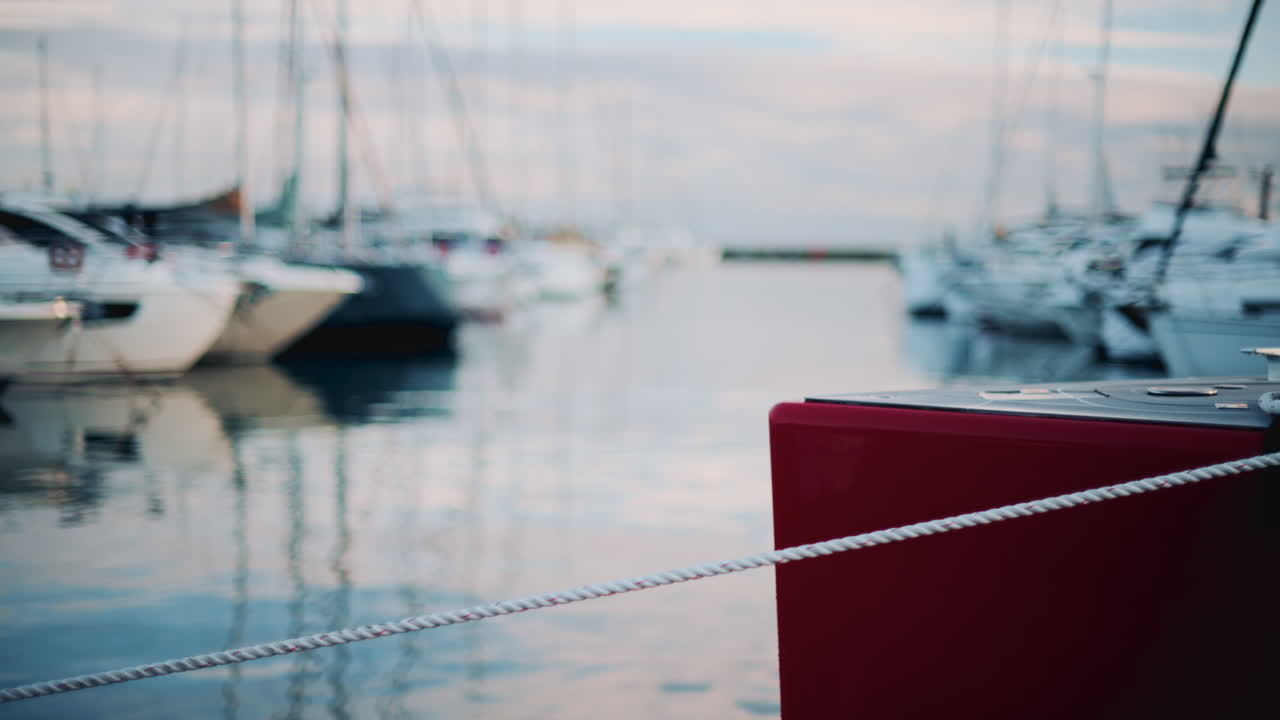 Peaceful marina view showing a red boat tied with white ropes, surrounded by yachts on calm water