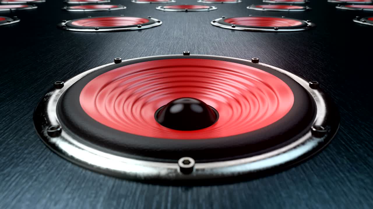 적색 막을 가진 많은 오디오 스피커가 동시적으로 현대 음악을 재생합니다.