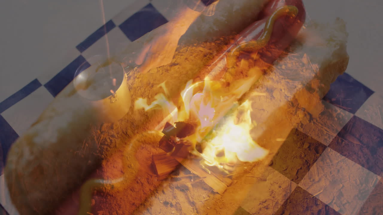 Hot dog with mustard and flames animation on checkered tablecloth background