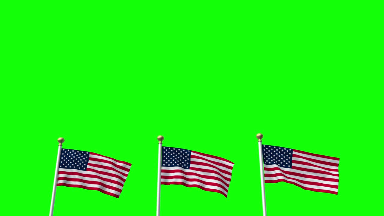 USA US 3 American Flags Waving CG Flare 4K