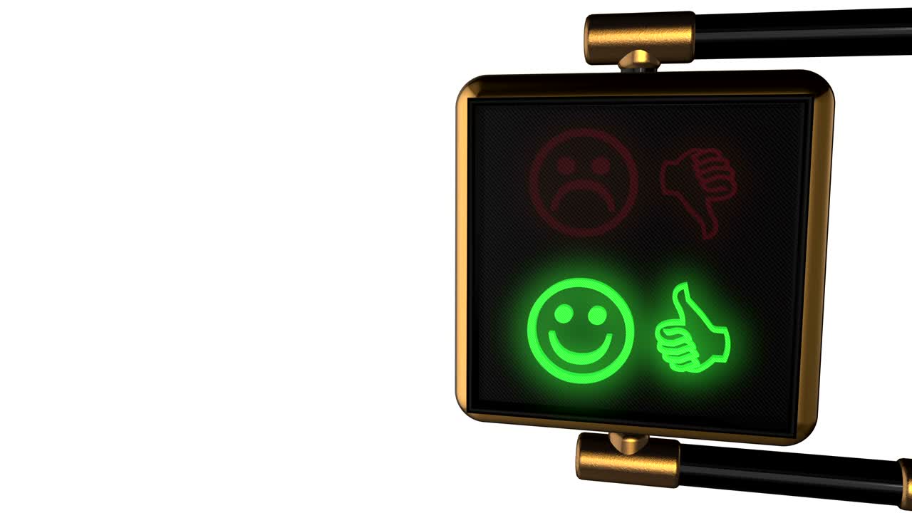 fondo animado en bucle: semáforo de calle dorado de estilo antiguo en 3d con el cambio alternado de los símbolos sonrientes "me gusta" y "no me gusta" rojo y verde en los píxeles negros. 4k. bucle sin costuras. alfa mate.