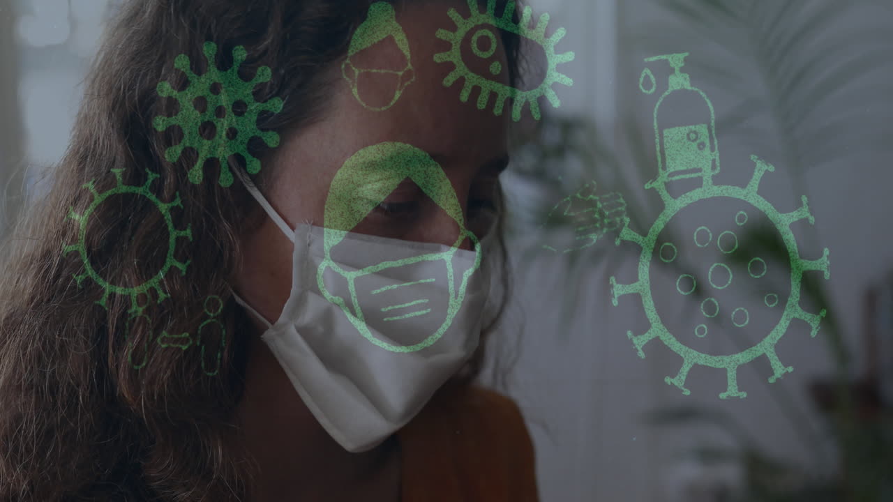 animación de iconos de covid 19 sobre una mujer con máscara facial