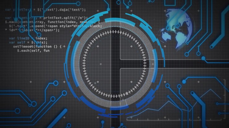 Animation of data processing over blue motherboard network, circular scanner and globe on black