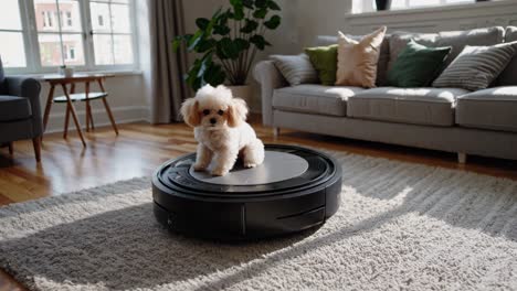 A small dog sits on a robotic vacuum in a sunlit living room. The wide-angle shot captures a cozy