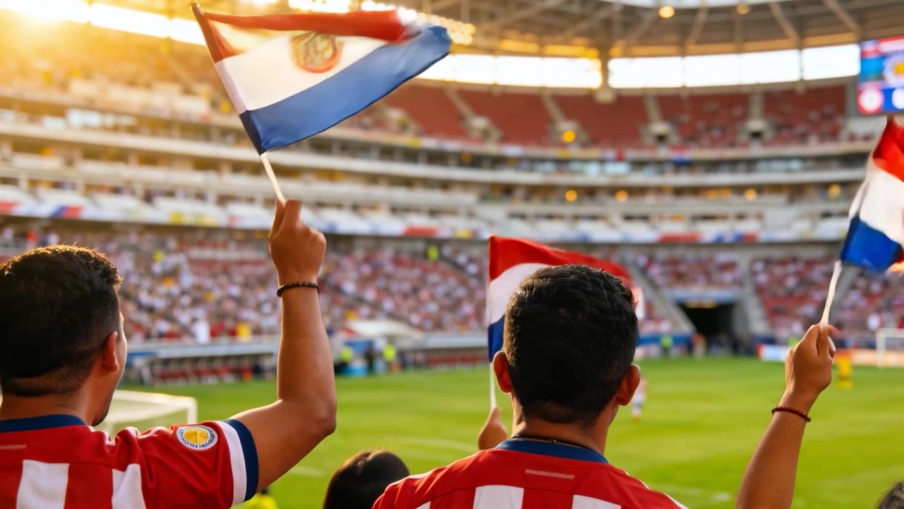 A torcida começa a animar, dois torcedores com camisas vermelho e branco agitando bandeiras na grade do estádio, apoiando o time.