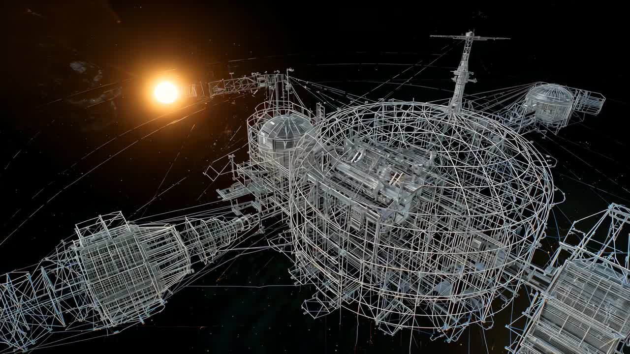 Starting camera doing slow flyby past wireframe sphere module in space, revealing structural detail