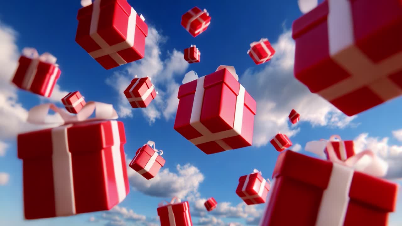 A mesmerizing scene showcasing floating red gift boxes soaring through a bright blue sky filled with clouds, capturing the joyous spirit of celebration and the thrill of gift giving during festive seasons