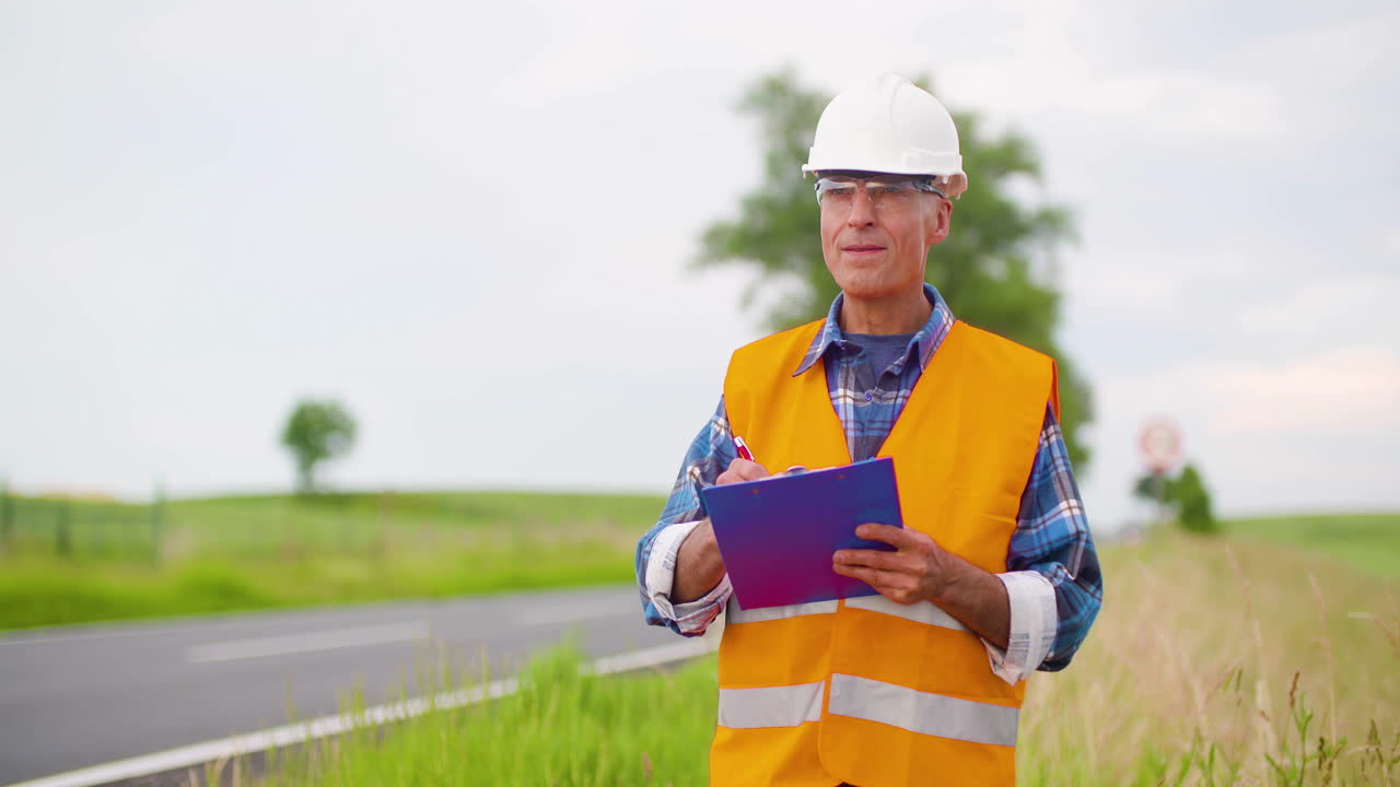 Smiling Engineer in Hard Hat and Safety Vest Writing on Clipboard by Road