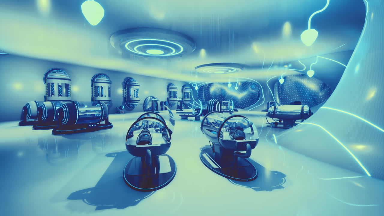 Futuristic wellness center with advanced therapy pods and calm ambiance