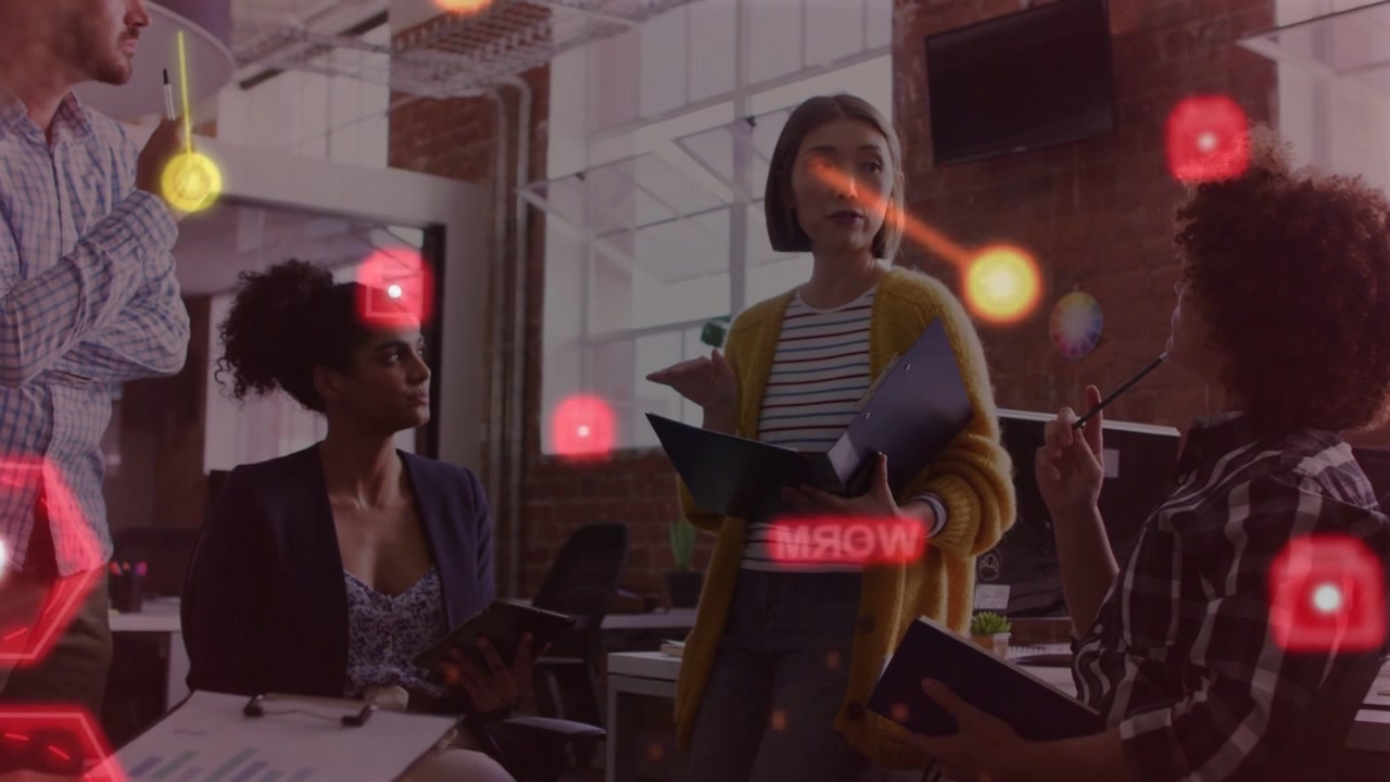 Presenter holding folder and presenting tech brief in open office, AR HUD highlighting keywords