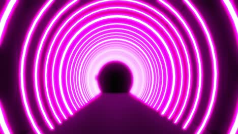moviéndose a través de un túnel de arcos de neón rosados brillantes concétricos pulsando sobre un fondo negro