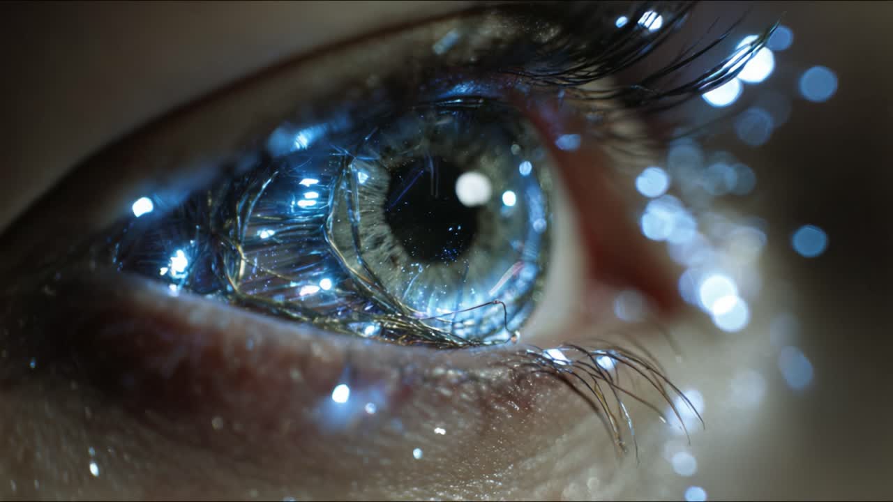 Extreme close up of a blinking blue human eye integrated with futuristic fiber optic technology, representing concepts of artificial intelligence, robotics, data processing and cyborgs