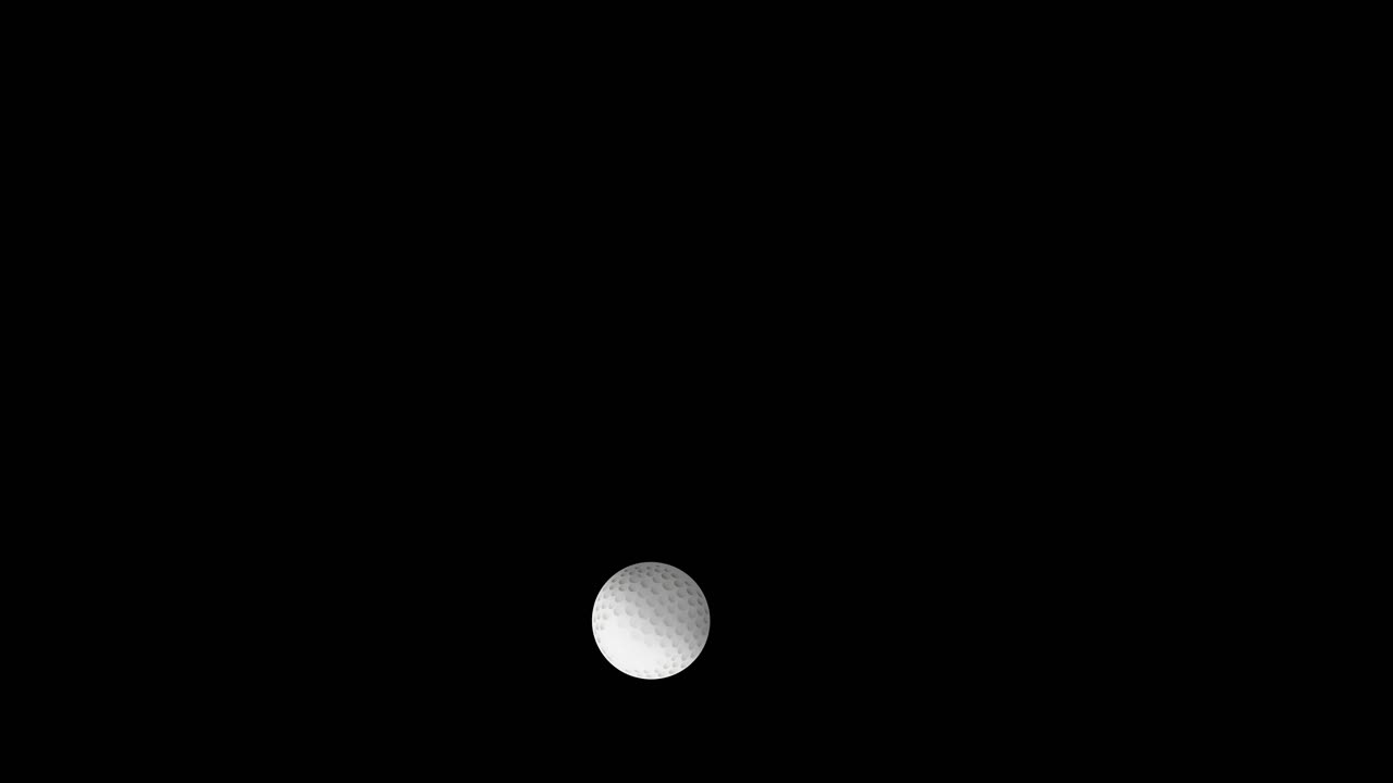 A single white golf ball bounces smoothly across a solid black background, exhibiting realistic motion, soft shadows, and dynamic lighting transitions