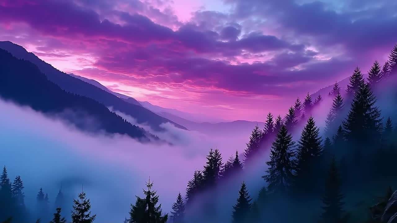 A purple and blue sky with clouds and trees in the foreground