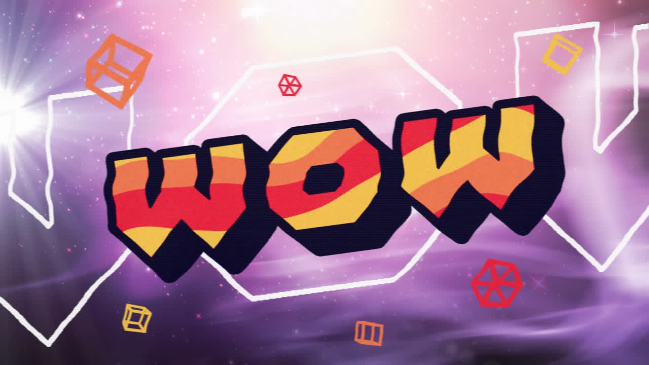 파란색과 파란색 삼각형과 우주에 빨간색, 오렌지색 및 노란색 글자로 와우 텍스트의 애니메이션