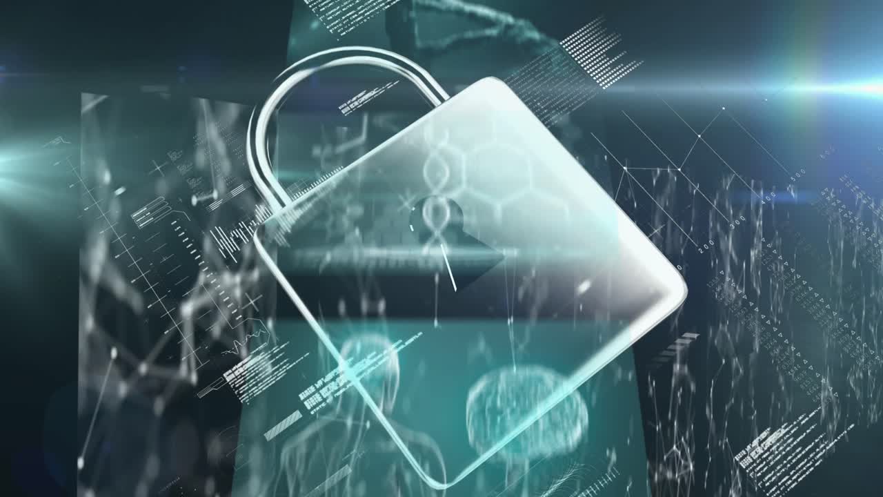 animación del candado sobre el procesamiento de datos sobre fondo negro