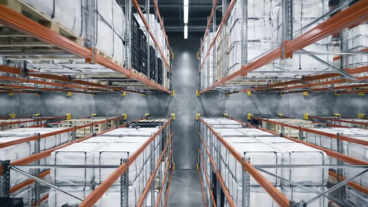 Aerial View of Warehouse Storage: Organized Shelving, Pallet Racks, and Efficient Inventory Management Optimizing Space for Maximum Warehouse Operations