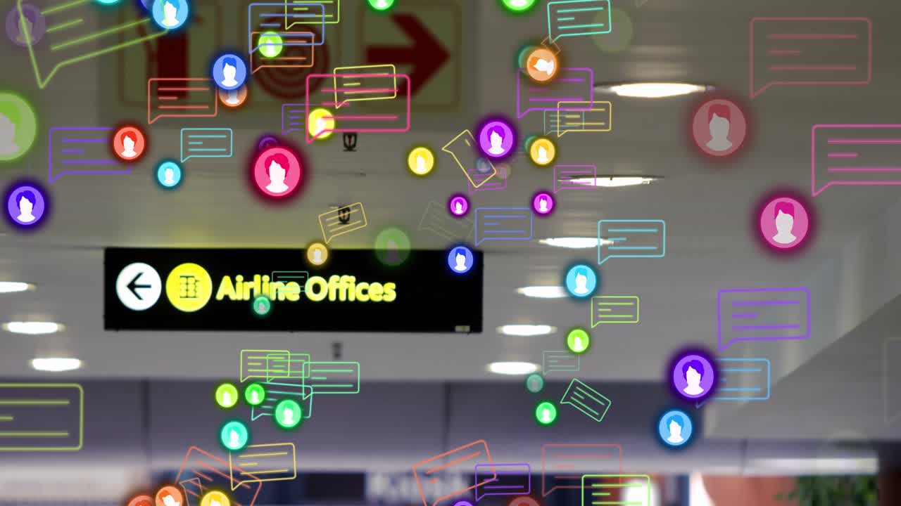 Animatie van neon profiel- en berichtpictogrammen tegen het uithangbord van een luchtvaartmaatschappijkantoor op een luchthaven