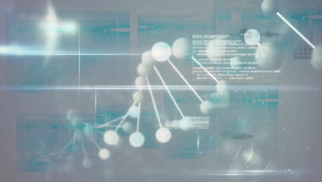 Animation-of-rotating-3d-model-dna-strand,-with-lights-and-data-processing-on-interface