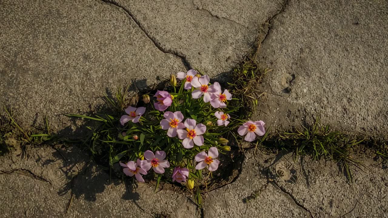 Kameraet zoomer ind, lyserøde blomster viser gule midter, afslører blade i jorden ved revnede fliser