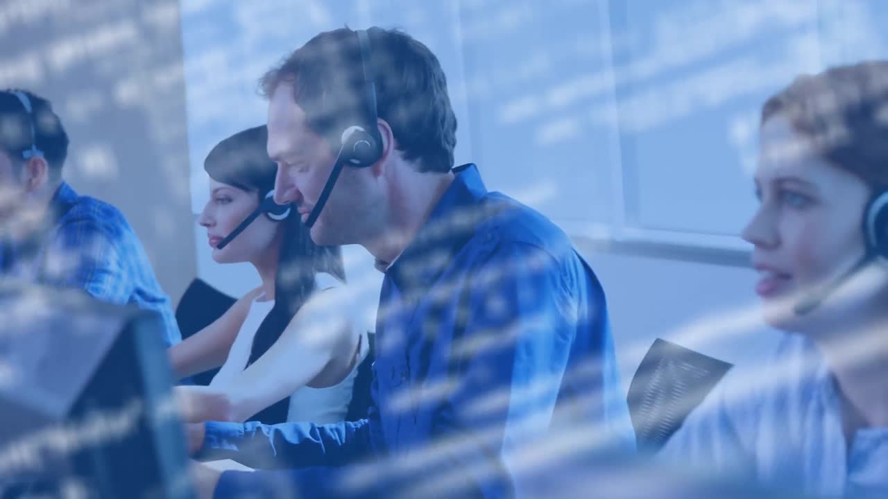Animation of data processing over diverse business people using phone headsets