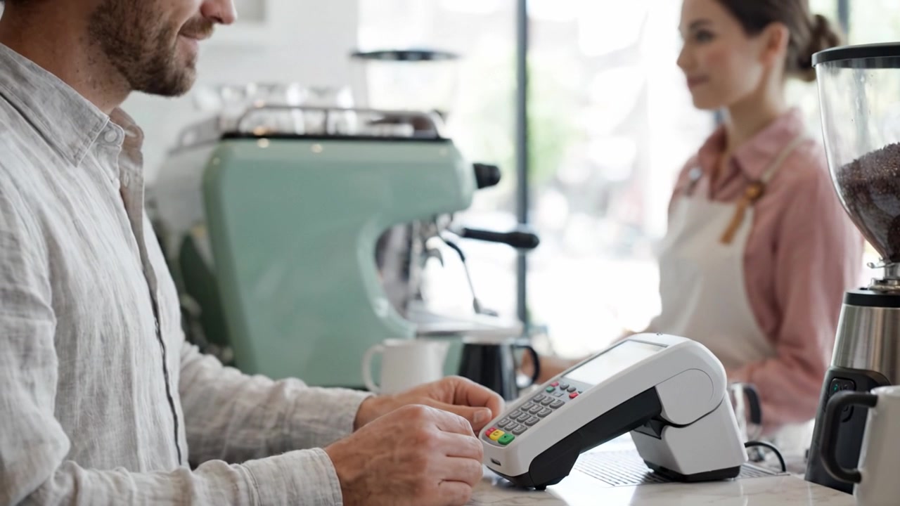 Proceso de pago en una cafetería moderna con tecnología sin contacto y un cliente utilizando un terminal de pago para una experiencia de transacción fluida.