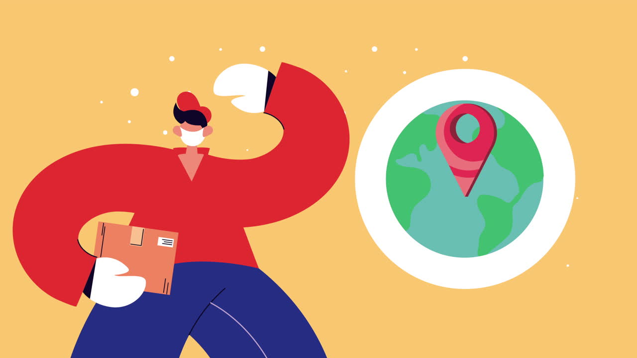 trabajador de servicio de entrega con caja y animación del planeta tierra