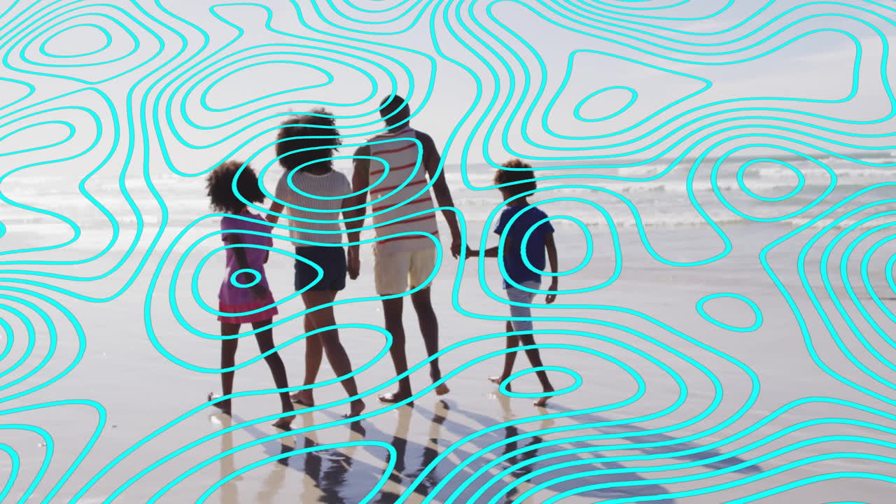 Walking on beach, family with animation of abstract blue line pattern overlay
