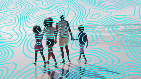 walking on beach, family with animation of abstract blue line pattern overlay