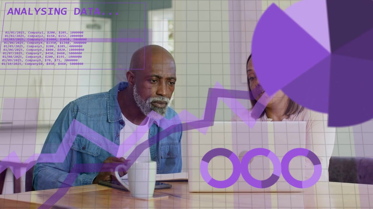 Woman opening laptop, couple reviewing household finances at table, purple charts covering screen