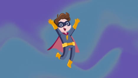 Animation-of-vector-superhero-with-arms-raised-against-blue-and-purple-background