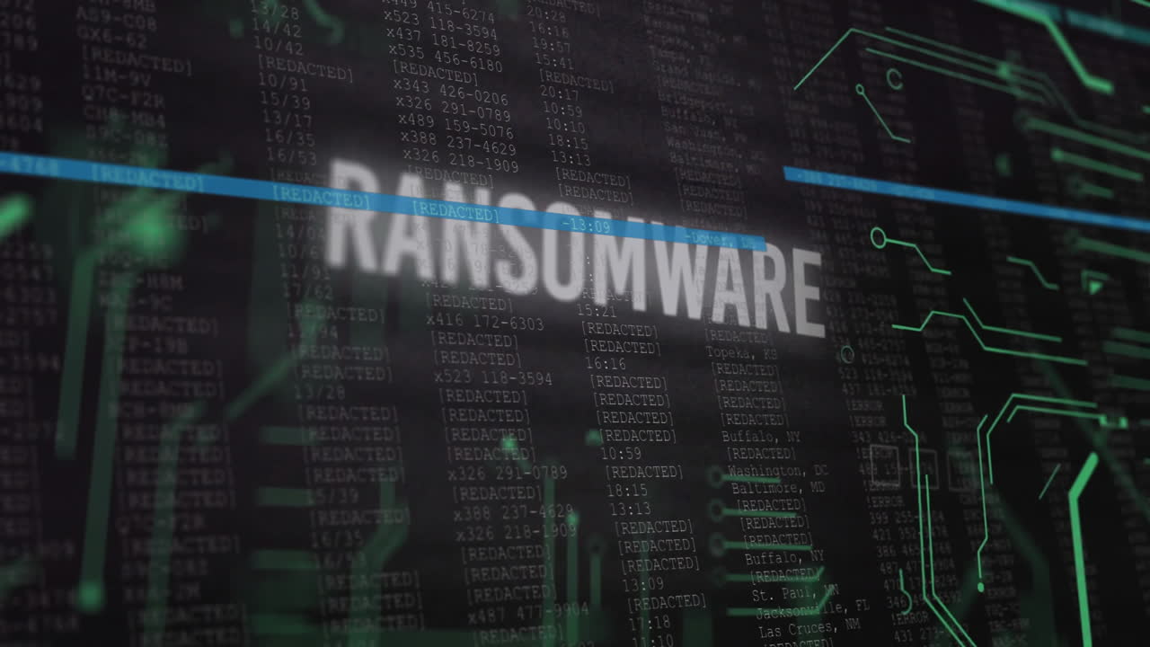 Animation of ransomware text overlaying digital code on dark screen background