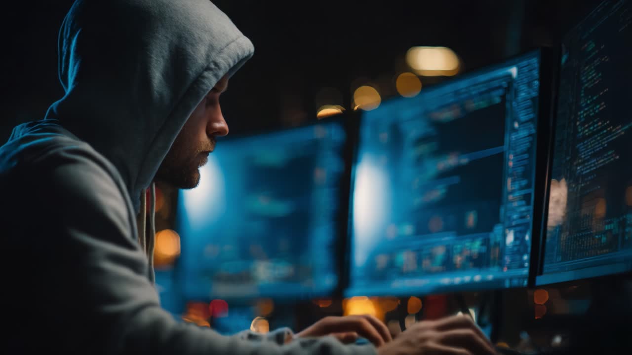 A focused individual in a hoodie engages with multiple computer screens, immersed in coding and programming tasks amid a dimly lit environment, showcasing a tech-driven aesthetic