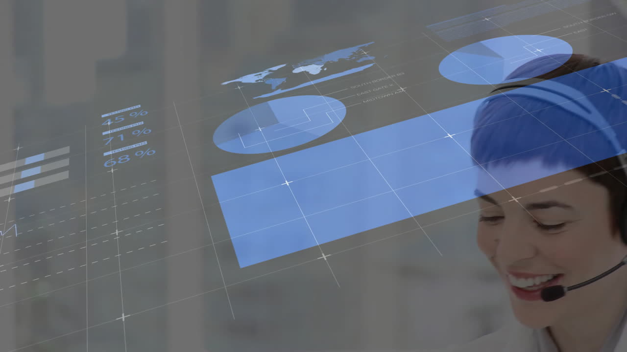 Animation of financial data processing over caucasian businesswoman using phone headset