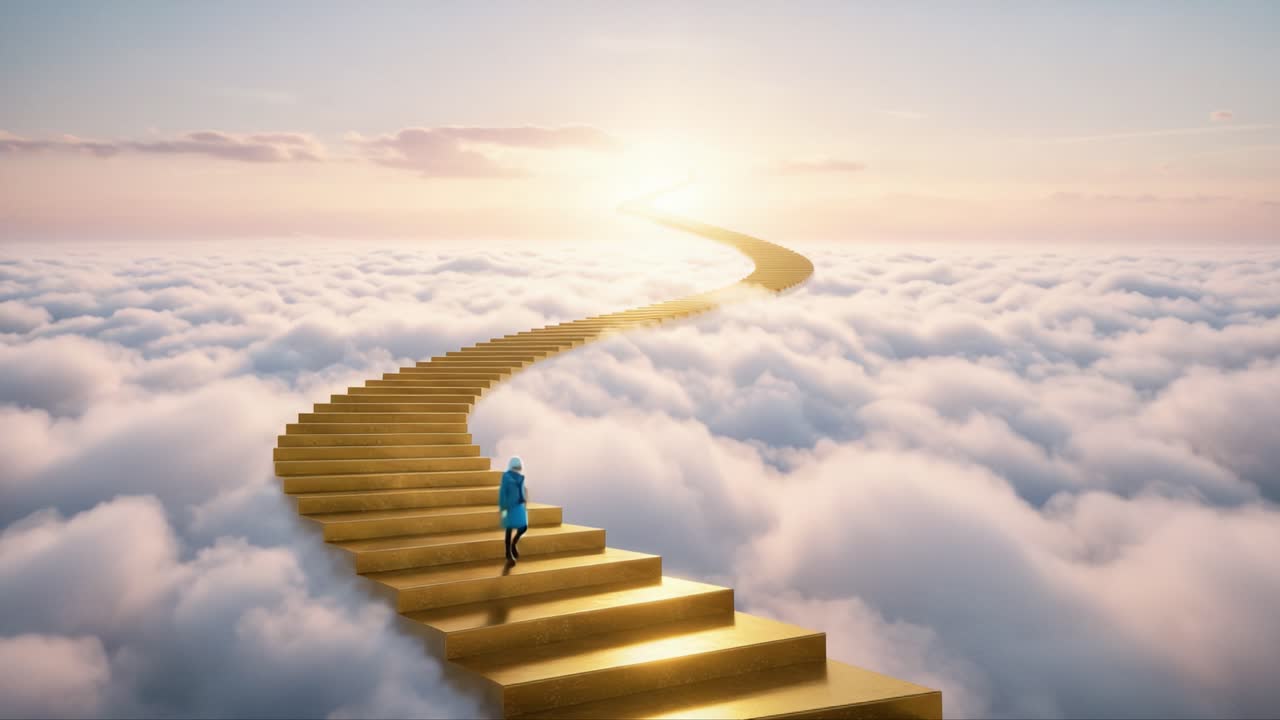 A Serene Journey Through the Clouds: A Person Ascends a Golden Staircase Towards the Bright Horizon, Symbolizing Hope and New Beginnings