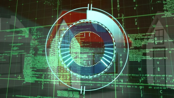Animation af behandlingscirkel over forskellige data og huse på sort baggrund