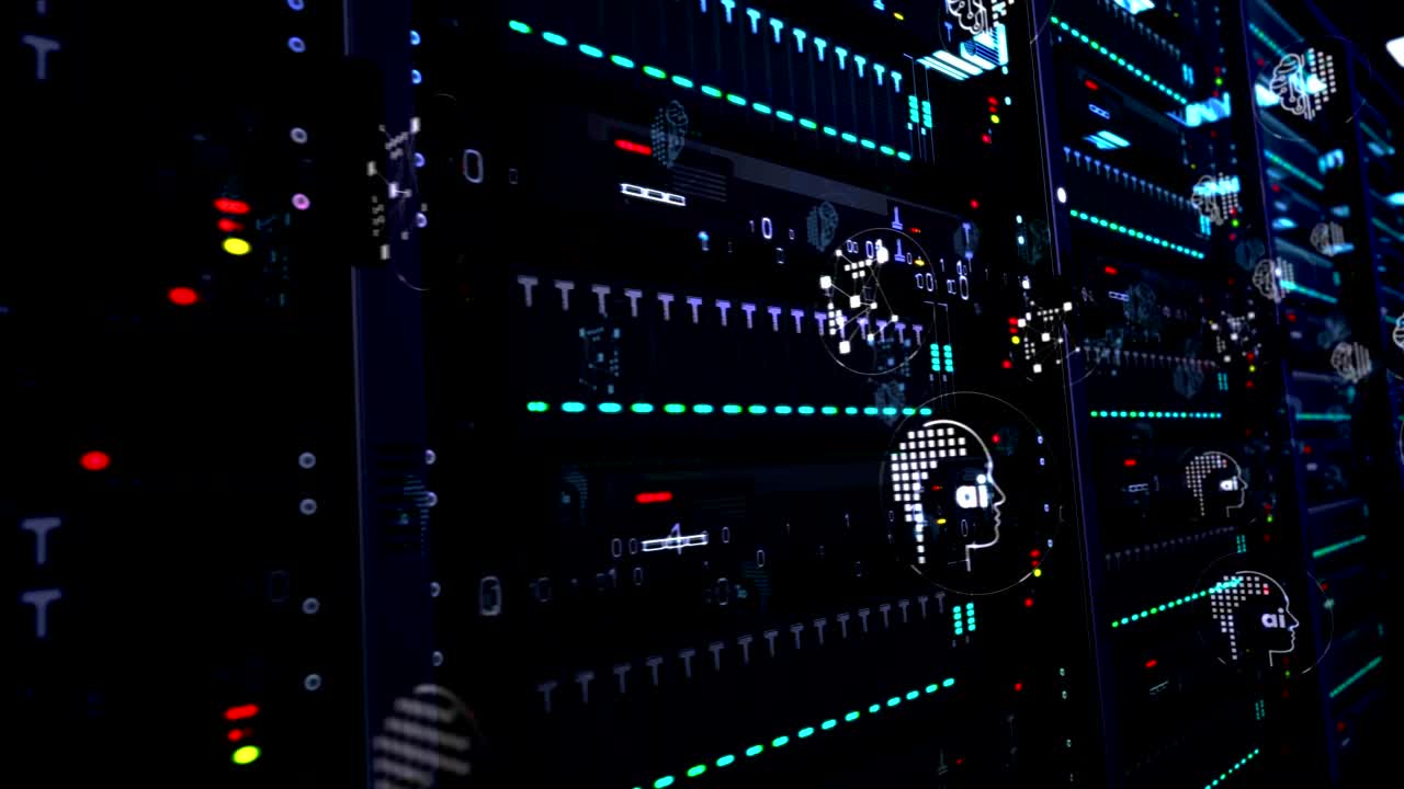 sala de servidores con animación de bucle de símbolos de inteligencia artificial