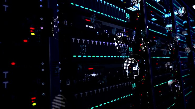 Servers room with artificial intelligence symbol loop animation